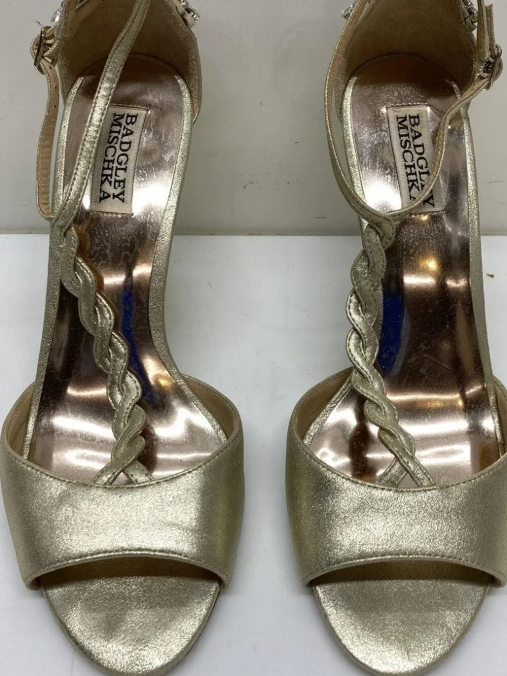 Wedding Gold Wedge Sandals 8 Rhinestone Bridal Heel Badgley Mischka - Picture 3 of 6